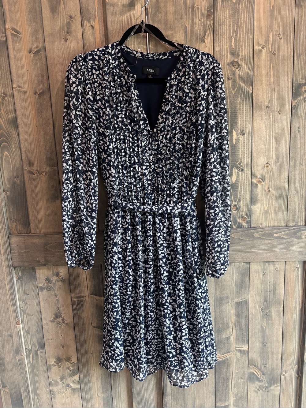 MSK Navy and White Printed Long-Sleeve Dress